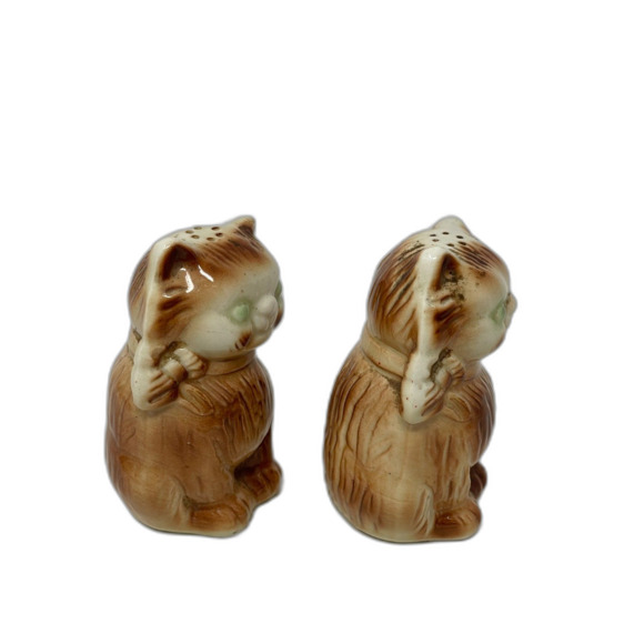 Vintage Green Eyed Chubby Kitty Cat Salt & Pepper Shakers Japan 1940s Kitch - Picture 4 of 6